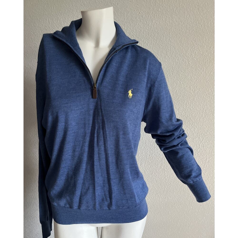 Polo Ralph Lauren Merino Wool Quarter Zip Sweater Heathered Blue M Italian Yarn - Picture 2 of 16